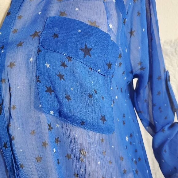 Express Blue Star Print Sheer Blouse Size Small - Picture 6 of 8